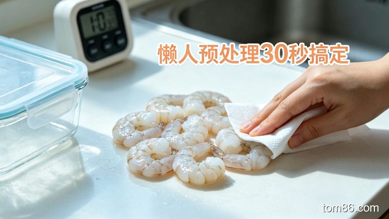 厨房场景，用厨房纸吸干解冻后的冷冻大虾仁，风格清新明亮，画面标注 &ldquo;懒人预处理 30 秒搞定&rdquo; 文字