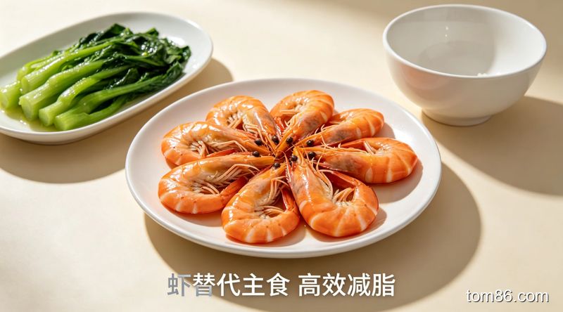 餐桌场景，一盘清蒸虾搭配水煮青菜，旁边放着空米饭碗，标注&lsquo;虾替代主食 高效减脂&rsquo;，风格清新简约
