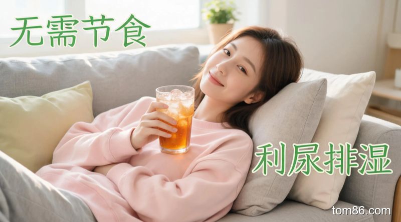 居家沙发场景，女生慵懒地抱着一杯冰镇冬瓜茶，风格清新明亮生活化，画面标注 &ldquo;无需节食&rdquo;&ldquo;利尿排湿&rdquo; 文字