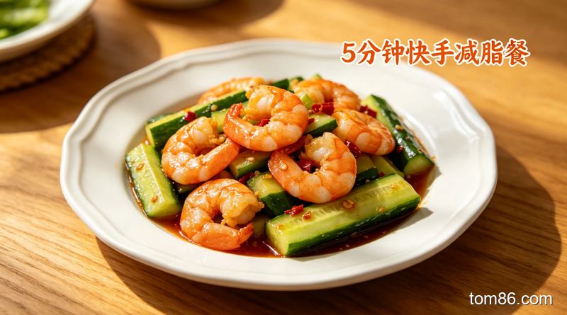 餐桌场景，摆盘好的川香凉拌虾仁搭配黄瓜条，鲜辣诱人，风格生活化，画面标注 &ldquo;5 分钟快手减脂餐&rdquo; 文字