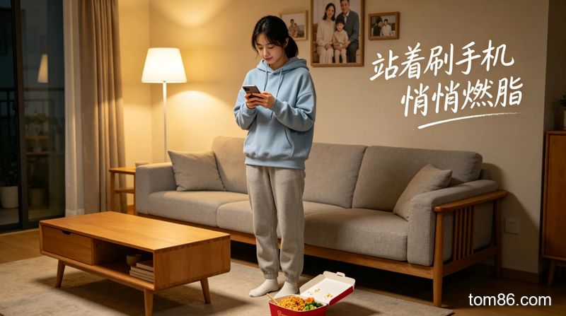 客厅场景，女生站着刷手机，旁边放着外卖盒，风格温馨生活化，画面标注文字 &ldquo;站着刷手机 悄悄燃脂&rdquo;，无需运动器械
