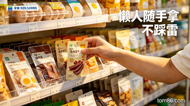 全家 / 罗森便利店货架前，懒人伸手拿取卤鸡蛋、牛肉干等低 GI 零食，货架旁标注 &ldquo;懒人随手拿 不踩雷&rdquo; 文字，风格写实明亮，凸显便捷性