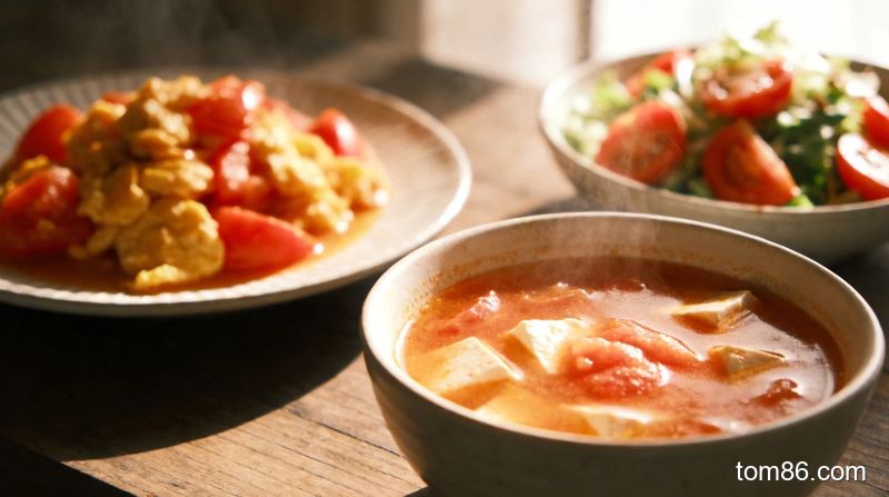 番茄减肥餐备餐:番茄炒蛋、番茄沙拉、番茄汤等低卡食谱