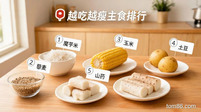 餐桌场景，生活化风格，摆放着魔芋米、藜麦、玉米、土豆、山药五种主食，每种主食旁标注对应的排行数字 &ldquo;1&rdquo;&ldquo;2&rdquo;&ldquo;3&rdquo; 等，突出 &ldquo;越吃越瘦主食排行&rdquo; 主题
