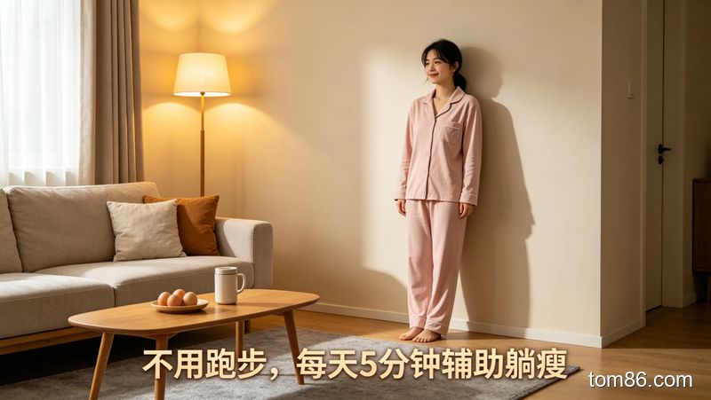 居家客厅场景,女生轻松靠墙站立,旁边放着鸡蛋和温水杯,文字标注 “不用跑步,每天 5 分钟辅助躺瘦”