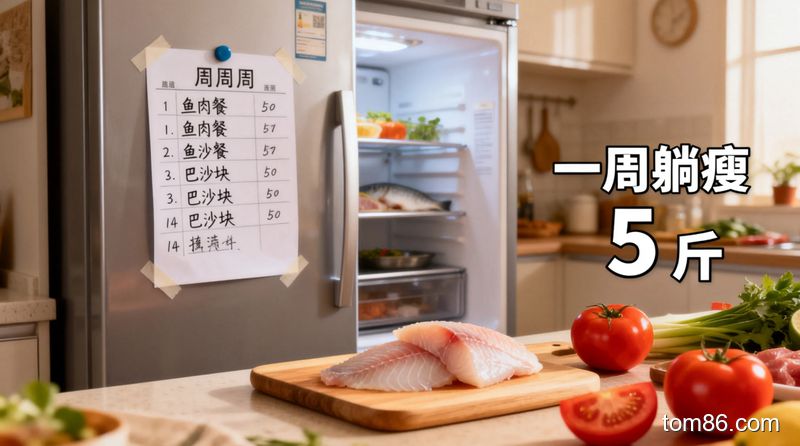 冰箱前场景，贴在冰箱上的一周鱼肉餐搭配清单，旁边放着巴沙鱼块、番茄等食材，温馨生活化风格，带有 &ldquo;一周躺瘦 5 斤&rdquo; 文字标注