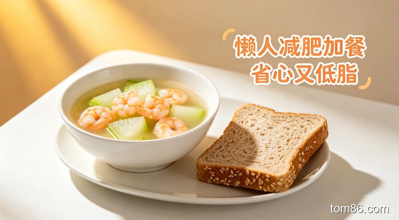 简约餐桌场景，一碗冬瓜虾仁汤搭配一片全麦面包，旁侧配文字 &ldquo;懒人减肥加餐 省心又低脂&rdquo;，风格明亮温馨