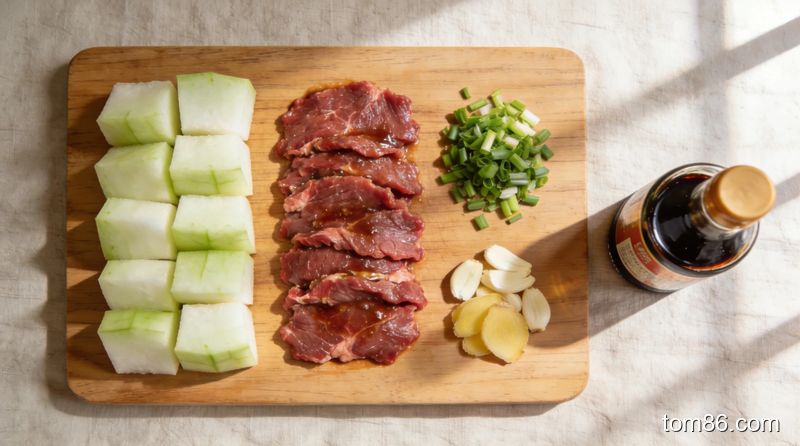 准备冬瓜块、牛肉片、姜蒜等食材的俯拍图,现代厨房台面,自然光