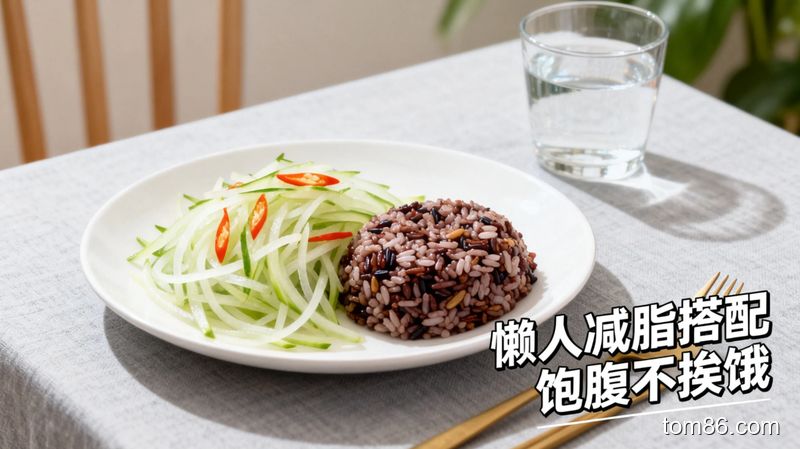 餐桌场景，一盘凉拌冬瓜丝搭配杂粮饭，旁边放着一杯温水，风格简约清新，画面右侧标注文字 &ldquo;懒人减脂搭配 饱腹不挨饿&rdquo;