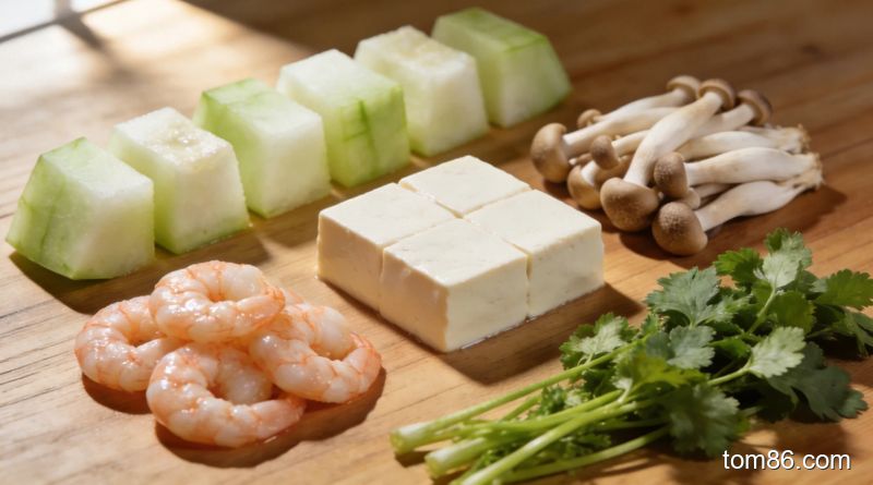 制作冬瓜海鲜豆腐汤的食材摆盘:冬瓜块、嫩豆腐、虾仁、蟹味菇、香菜,整齐排列在木质桌面上,上方有自然光洒落