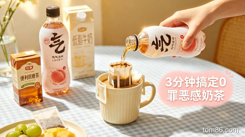 居家桌面，懒人用元气森林气泡水和红茶包自制奶茶，旁边放着便利店买的无糖茶和低脂牛奶，标注 &ldquo;3 分钟搞定 0 罪恶感奶茶&rdquo; 文字，风格清新治愈